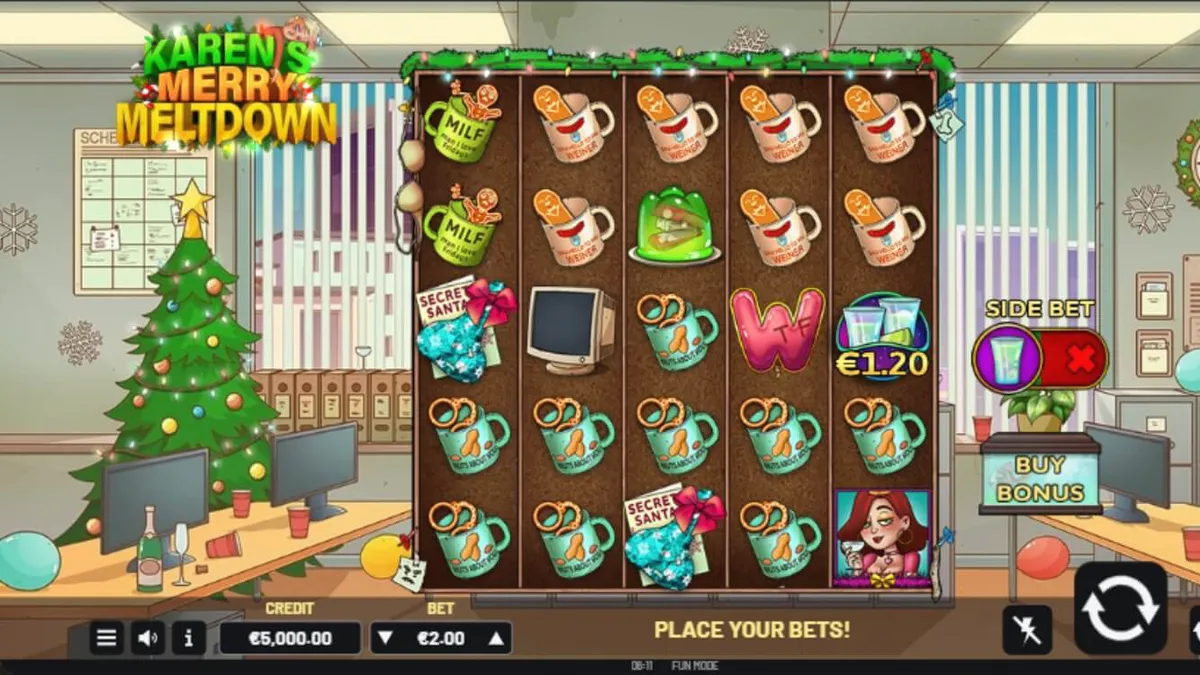 Tampilan visual slot Karen’s Merry Meltdown dengan tema pesta kantor Natal yang kacau.