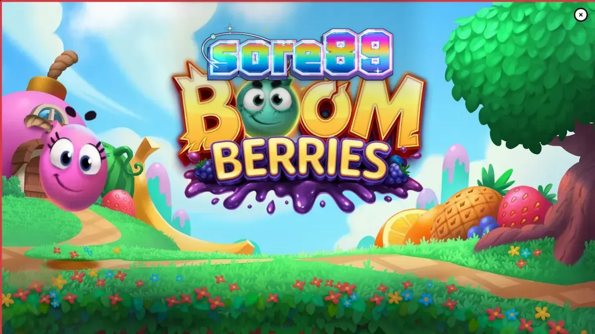 Tampilan visual cerah dan penuh warna dari slot Boomberries dengan tema buah-buahan dan desa dongeng.